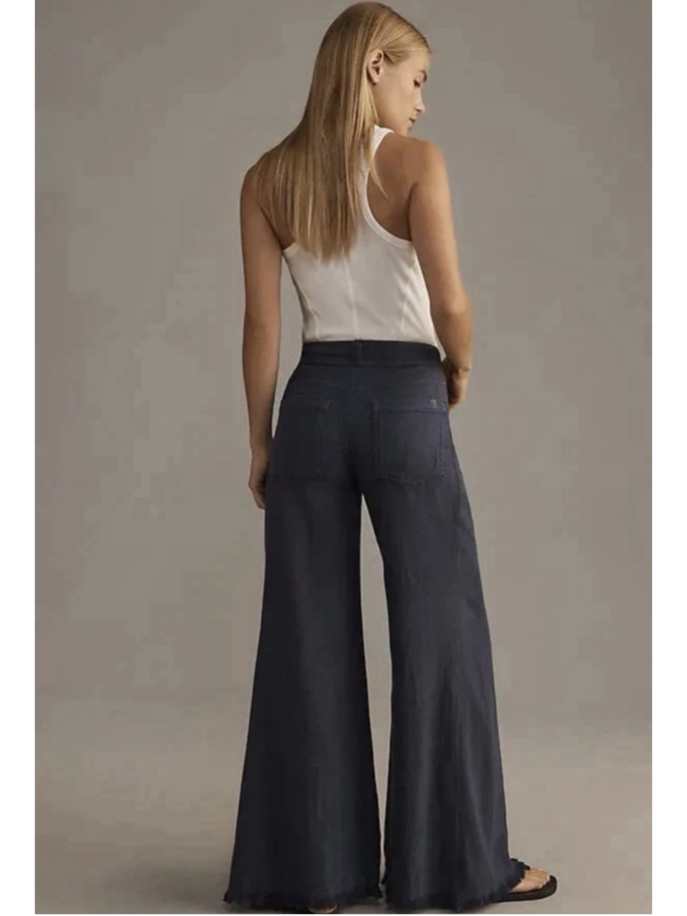 Pilcro Anthropologie Adi Linen Flare Pants Navy Blue Sz 24 Frayed Old Money - Picture 3 of 7